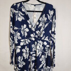 Ouges Blue Floral V-Neck Long Sleeve Top